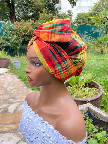 Madras / satin reversible wrap turban