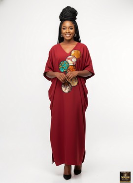 Burgundy Kaftan with Ankara Appliqué
