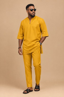 Men’s Mustard Yellow Kaftan Two-Piece Set – Casual African Native Wear