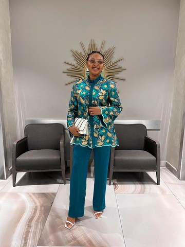 A green-gold lace button down cropped top and palazzo pant. best seller