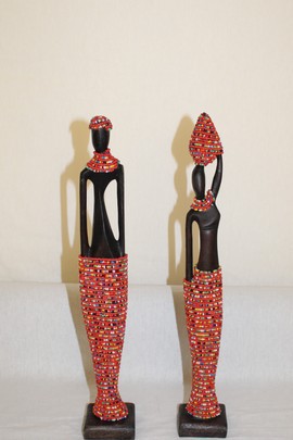2pc Couple Beaded Wooden Figurines, African Decor, Wooden Figurines. Home Decor