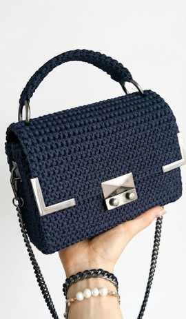 Navy structured crochet top-handle bag — silver hardware &amp; chain strap