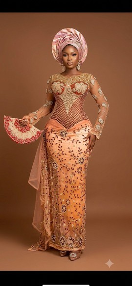 Regal Peach and Gold Corset Aso Ebi Gown with Side Drape