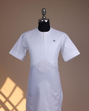 A bright white, zip line with embrodery details, short sleeve African senator kaftan native.