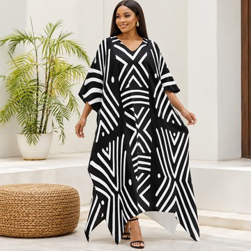 Robe midi à col en V et manches courtes pour femme en imprimé africain | Robe midi en imprimé africain | Bynelo
