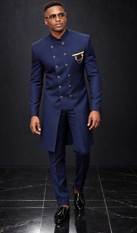Titre : Costume de luxe bleu marine croisé pour homme avec détails dorés