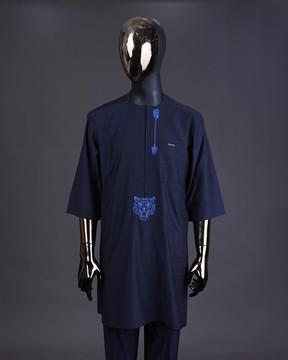 A navy blue, arrow &amp; tiger head embroidery detailing with matching Swarovski stone kaftan &amp; sokoto
