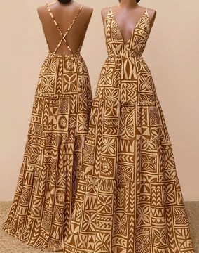 Elegant Brown Tribal Print Maxi Dress – Deep V-Neck Backless African Print Gown
