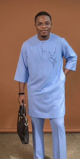 Periwinkle Blue Dashiki with Line-Art Embroidery