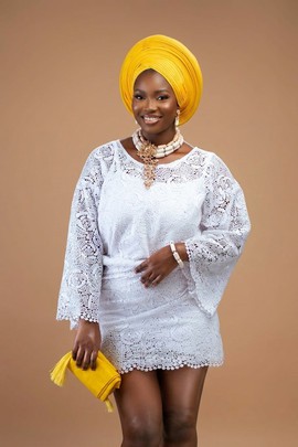 Traditional White Guipure Cord Lace Iro &amp; Buba Set with Vibrant Yellow Gele Headtie