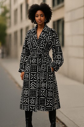 Robe trench longue en wax noir et blanc