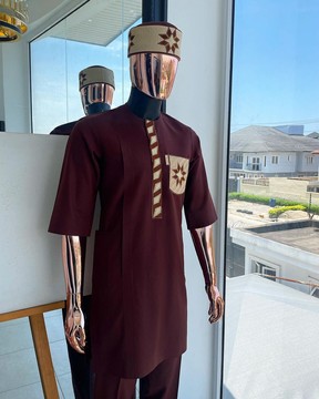 A cinnamon brown, sun rise in the east embroidery detailing Kaftan