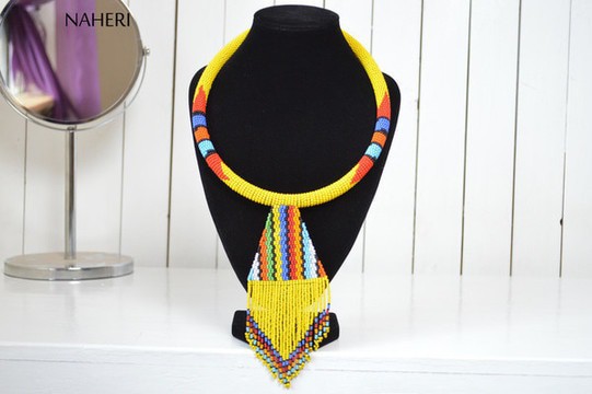 African Maasai Yellow Necklace | Zulu Inspired Beaded Necklace | Tribal Pendant Jewelry