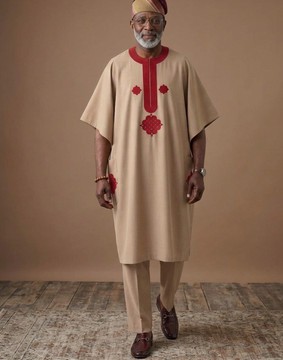 Men's Camel Senator Set with Red Embroidery – Traditional Nigerian Two-Piece Agbada Style Top