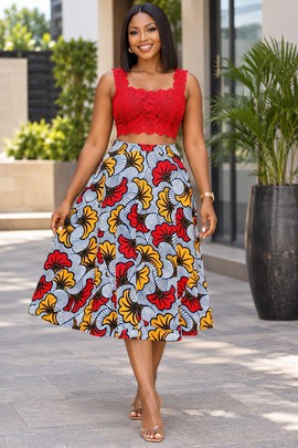 AFRICAN ANKARA WEDDING FLOWER PRINT Women's Midi Skirt With Pockets