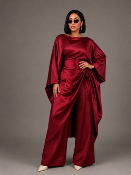 Ensemble de pantalon kaftan en satin bordeaux de luxe pour femme – Tenue élégante 2 pièces à taille froncée et pantalon large♀♀♀♀♀♀