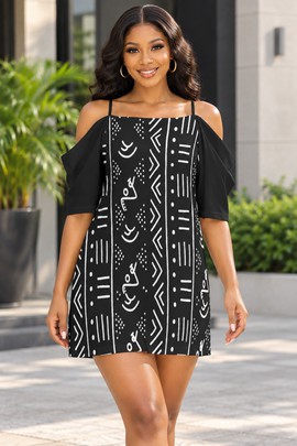 Robe caraco femme à épaules dénudées, motif bogolan tribal | Mode imprimé africain | Bynelo