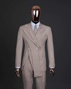 A “Yohji”, 2 button, Irish cream, deconstructed 3 layered knitted peak lapel suit
