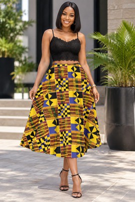 African Heritage Kente Women's Midi Skirt With Pockets | Kente Print Midi Skirt | Bynelo