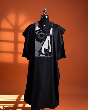 A charcoal black, “Oju Aye” on canvas embroidery details Agbada