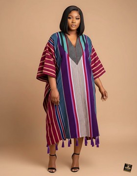 Caftan artisanal élégant à rayures avec bordure à pompons