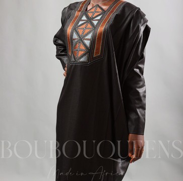 African Boubou Dress for Women "Keinya" Black in Glazed Linen — With Scarf