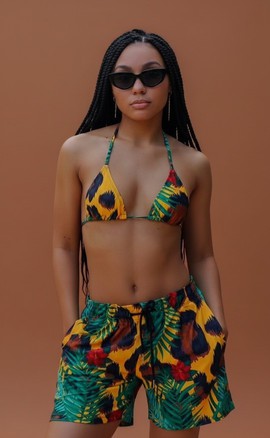Tropical Print Bikini and Shorts Set