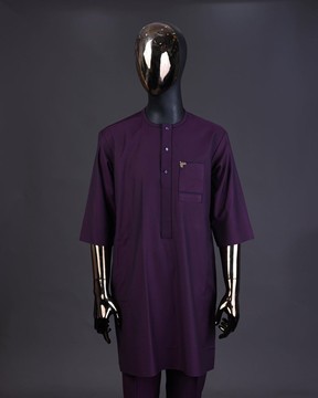 An egg plant purple, front flap with matching Swarovski button detailing kaftan &amp; sokoto