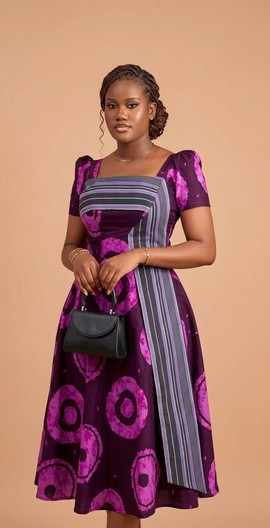 Robe midi violette en Ankara pour femme – Robe évasée à imprimé africain avec détail rayé