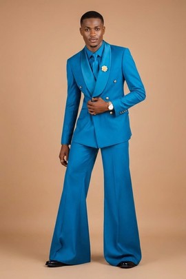 Ensemble de smoking bleu céruléen à double boutonnage et col châle – Costume et pantalon et chemise sur mesure
