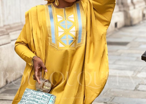 African Boubou dress for women "Dalanda" Gold &amp; Sky Blue in glazed linen — With Scarf