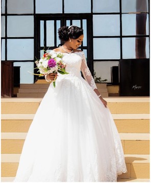 White wedding dress, wedding gown.
