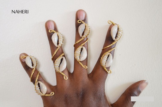 5 pieces African adjustable cowrie shell and brass wire rings 5 pieces