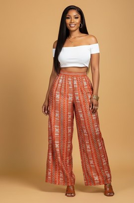 Plus Size Orange Tie-Knot Geometric Wide-Leg Pants