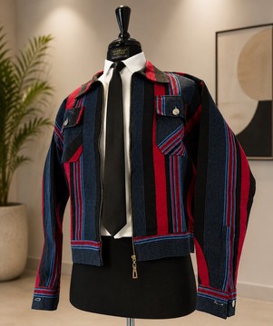 Aso Oke Striped Bomber Jacket – Multicolor Navy, Red &amp; Black Zip-Up Jacket with Contrast Trim