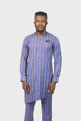 Costume Homme Africain Bleu Rayé Craie, Tenues Traditionnelles