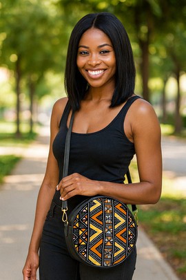 Round Sling Bag African Mud Cloth Design