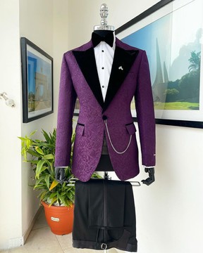An Egg plant purple, peak lapel, floral patterned jacquard suit, pant trousers, Cummerbund &amp; bow tie