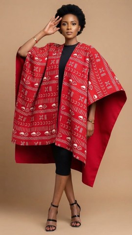 Red Mudcloth Patterned Open Kimono Dress