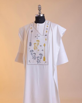 A white, arrow &amp; floral metallic wire embroidery  agbada, 3/4 sleeve buba &amp; sokoto
