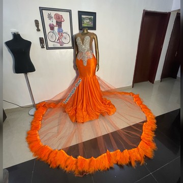 Orange feathers classic wedding reception prom dress