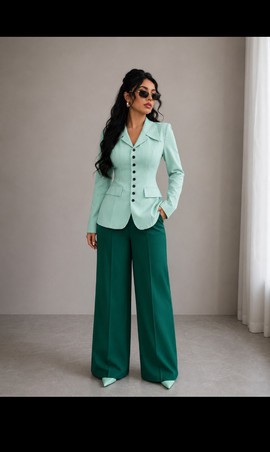 Women's Mint Green Blazer &amp; Emerald Wide-Leg Trousers Set – Colour Block Suiting Fabric Two-Piece