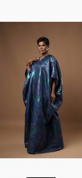 Kaftan en brocart métallisé bleu et bleu sarcelle