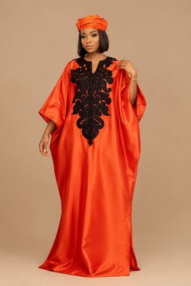 Orange Red Satin Kaftan Gown with Black Embroidery and Matching Headwrap