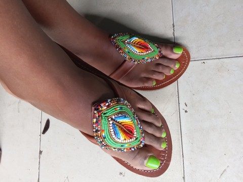African Women Green flat beaded sandals