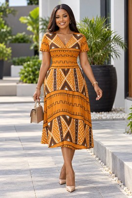 Robe midi à col en V et manches courtes pour femme en imprimé africain | Robe midi en imprimé africain | Bynelo