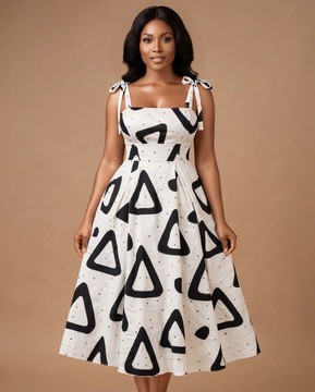 Robe midi à imprimé abstrait noir et blanc