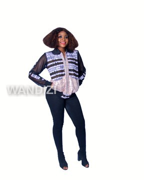 African print ankara zipper  Jacket with faux snake skin with rounded collar
