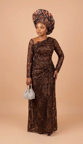Luxury Brown Sequin Lace Aso Ebi Gown with Gele Headwrap