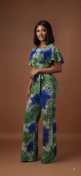 Combinaison Ankara à fleurs bleues et vertes